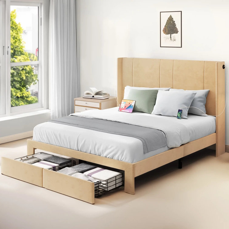 Queen bed frame with store built in box spring